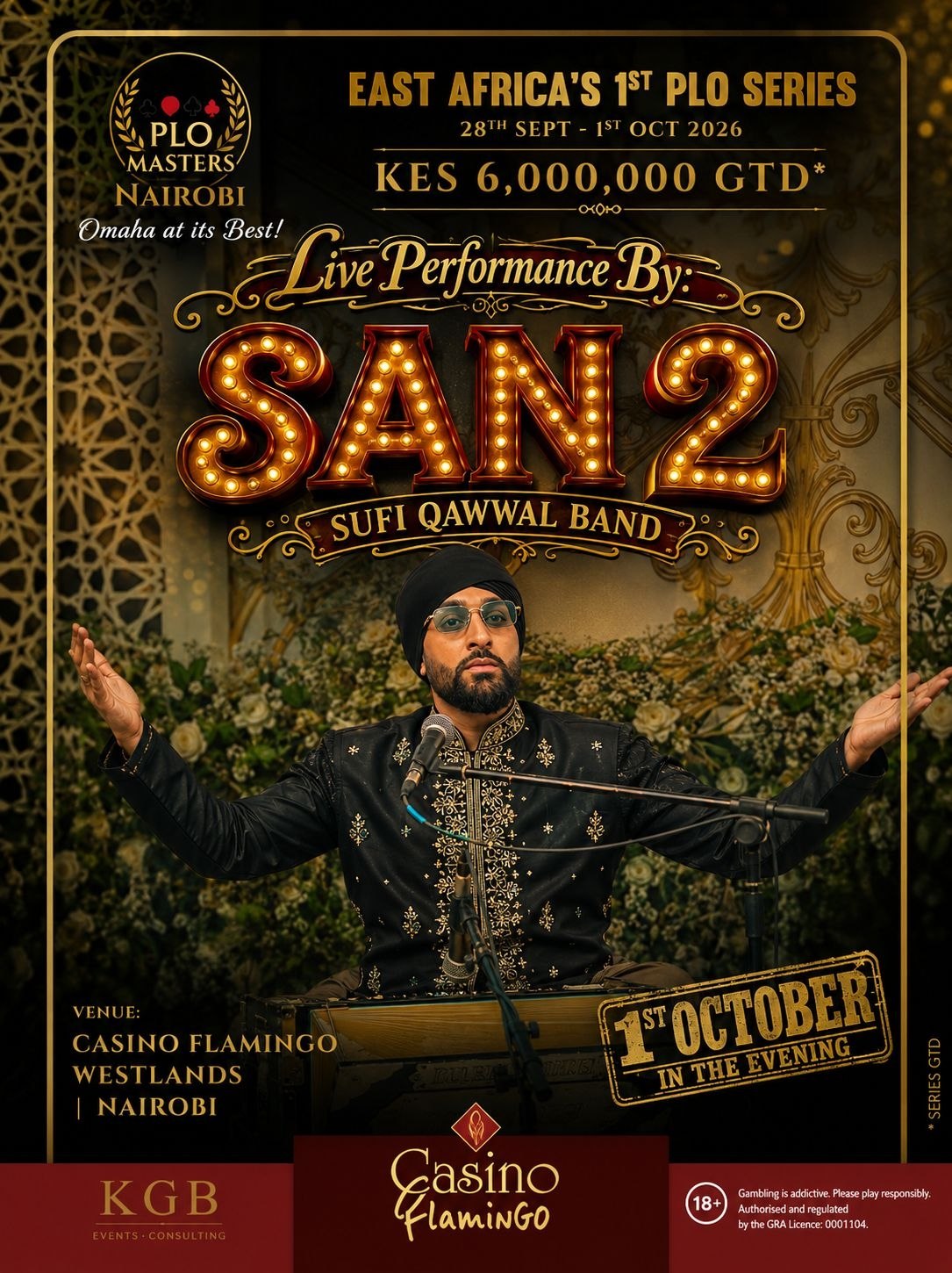 San2 Sufi Qawwal Band live performance poster for Nairobi on 1 October 2026