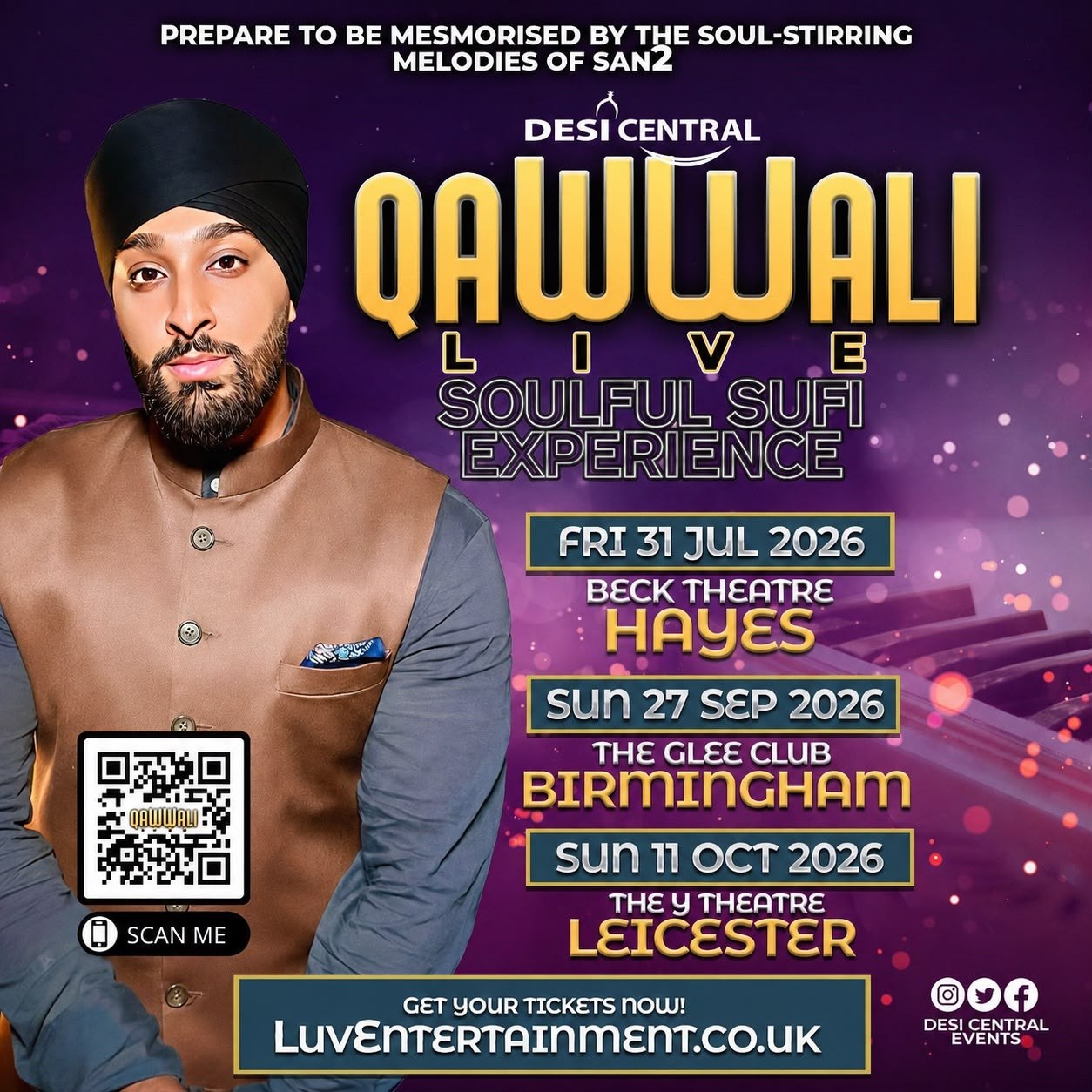 Qawwali Live poster showing San2 dates for Hayes, Birmingham and Leicester