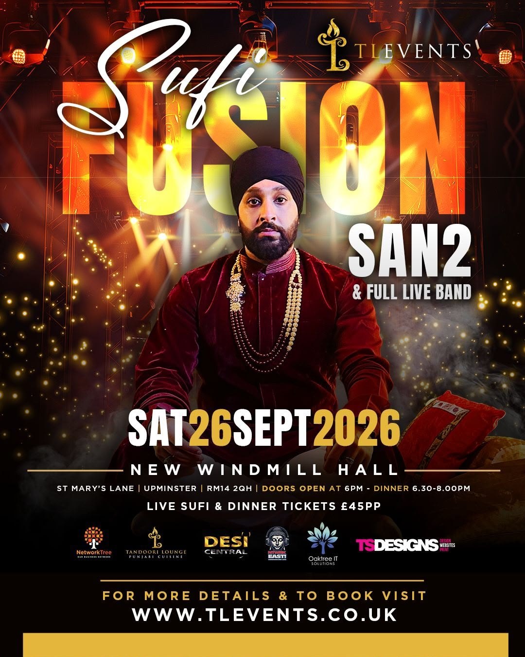 Sufi Fusion San2 and full live band poster for Upminster on 26 September 2026